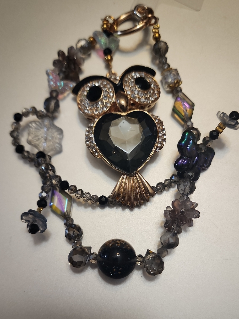 Gold Owl Phone Charm with Black Heart Crystal